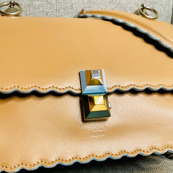 Fendi Kan Bag w/ Blue Scalloped Edging, Convertible Chain Strap & Suede Interior - Picture 7 of 15